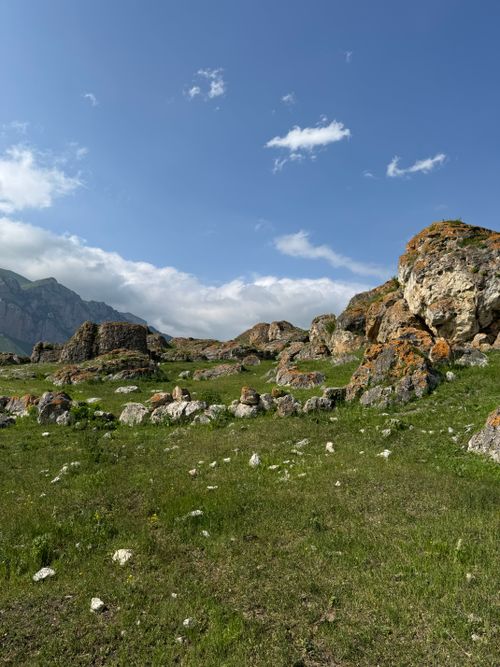 Free Beautiful mountain landscape with rocky formations and blue sky in Kabardino-Balkarian Republic, Russia. Stock Photo