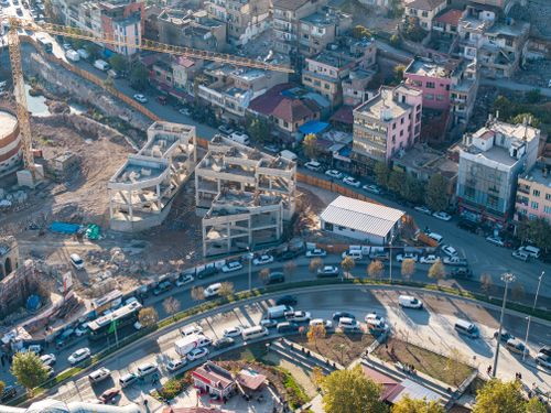 Free Aerial view of construction site and dense urban area in Kahramanmaraş, Turkey. Stock Photo