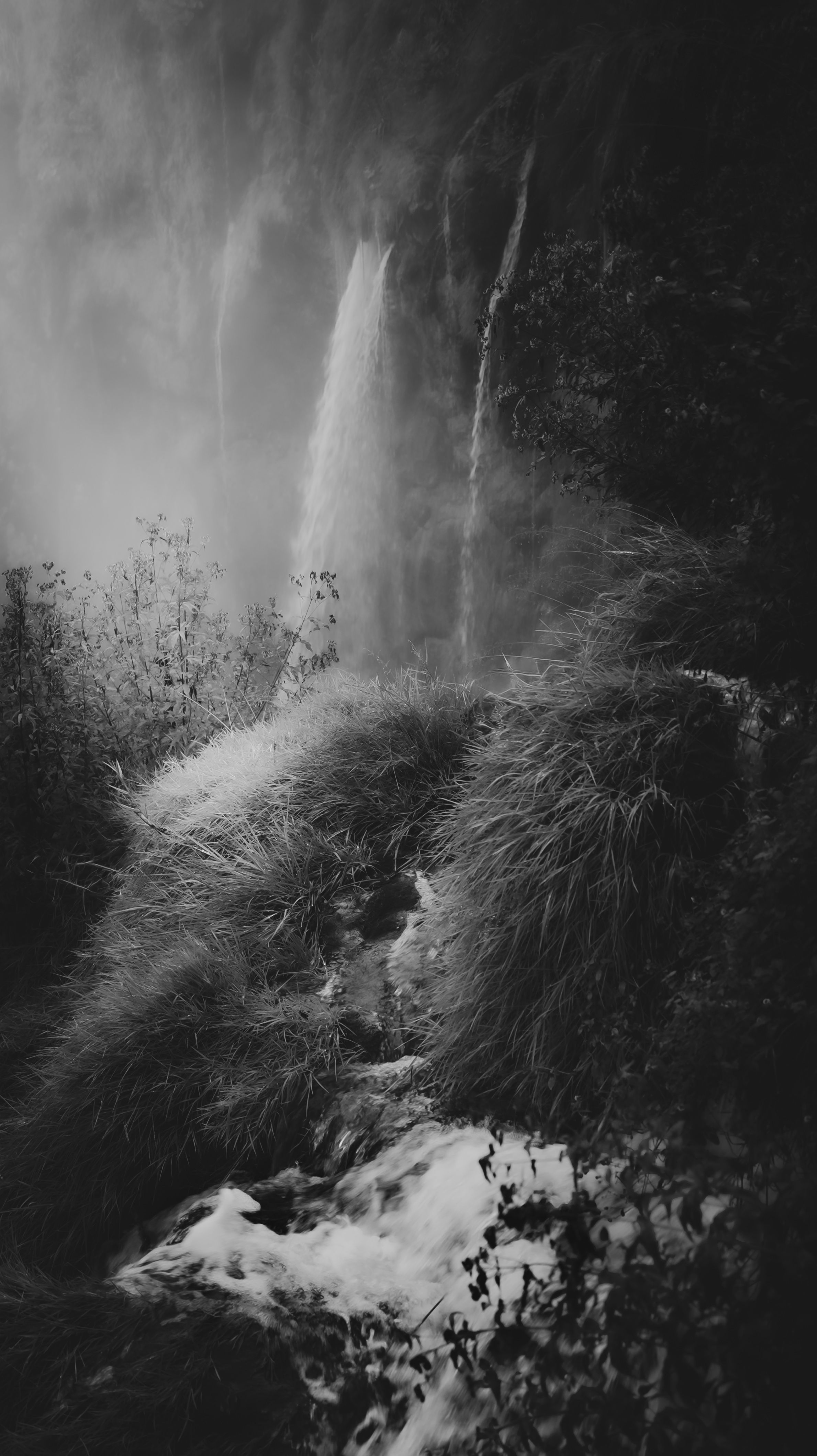 Fotomural Fotografía en blanco y negro de una tranquila cascada en los Lagos de Plitvice, Croacia.