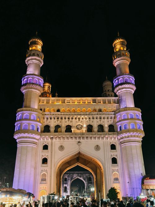 Free Stunning view of the illuminated Charminar in Hyderabad, showcasing architectural beauty under night lights. Stock Photo