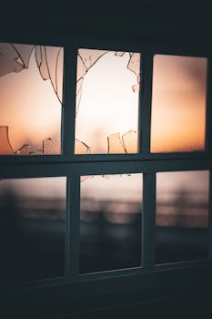 A moody sunset seen through a broken window glass, creating a silhouette effect.
