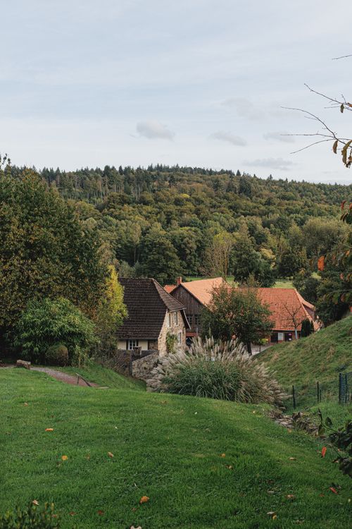 Free Tranquil view of a village nestled in lush greenery in the German countryside, showcasing rustic architecture. Stock Photo