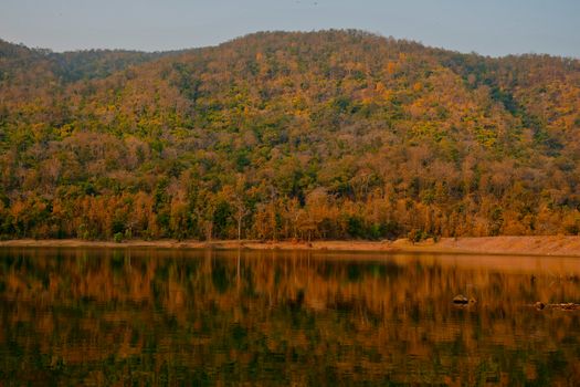 A tranquil autumn landscape with vibrant reflections on a lake at sunset.
