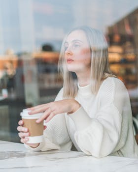 A thoughtful woman holding a cup of coffee, gazing through a cafe window.