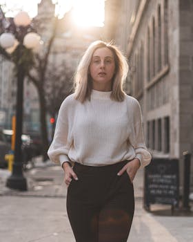 Stylish woman in a white sweater walking on a sunlit city street.