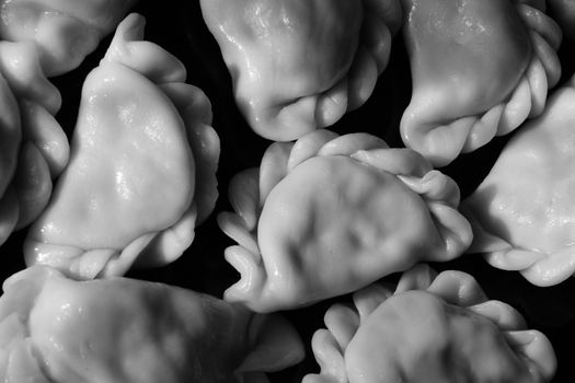 Monochrome close-up featuring arranged homemade dumplings with intricate folds.