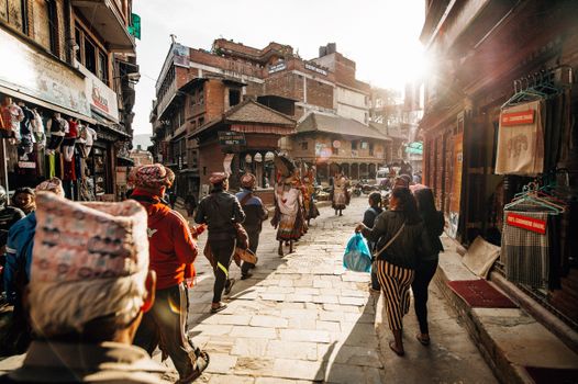 A vibrant street scene in Kathmandu showcasing everyday life and local culture.