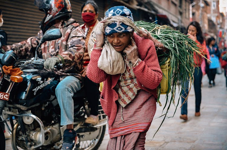 Poor Hindu Woman Carrying Bundle Of Grass On City Street