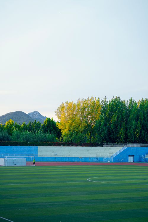 Free Outdoor sports field with lush green turf surrounded by trees and mountain background, ideal for athletics. Stock Photo