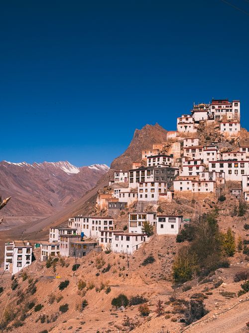 Free Key Monastery in Spiti Valley, Himachal Pradesh, India, perched on a hilltop with mountains in the background. Stock Photo