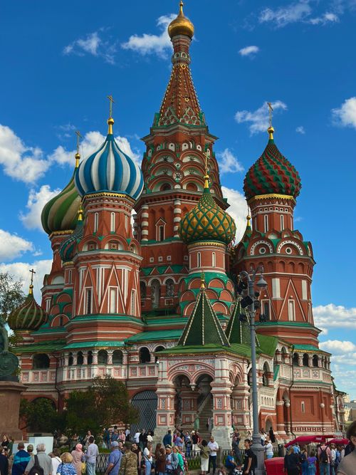Free Iconic St. Basil's Cathedral under a clear blue sky in Moscow, Russia. Stock Photo