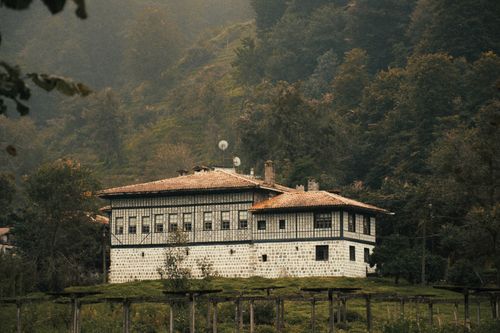 Free Historic house surrounded by dense forest and hills, capturing serene rural life. Stock Photo