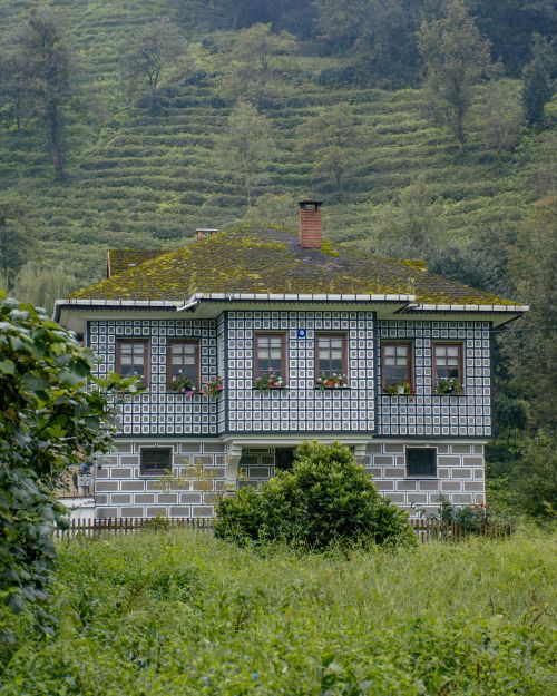 Free Picturesque house surrounded by greenery and lush landscape. Perfect for serene nature escape imagery. Stock Photo