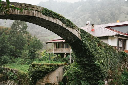 Free A serene view of a rustic stone bridge overgrown with greenery in a lush rural setting. Stock Photo