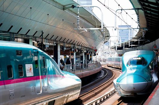 Two Shinkansen trains at Tokyo Station platform, showcasing modern Japanese rail design.