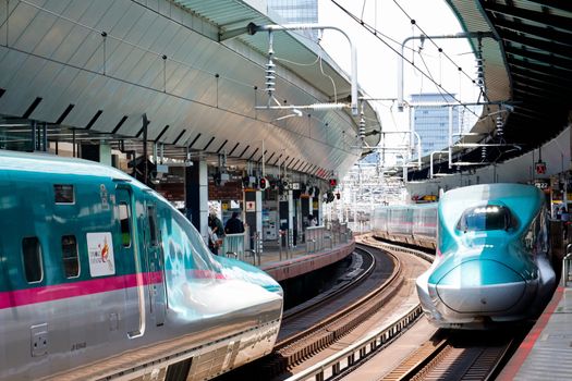 Shinkansen trains at Tokyo Station symbolizing Japan's advanced railway technology.