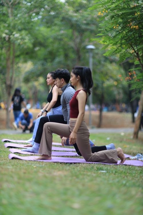 Free Group of adults practicing yoga in a Jakarta park, showcasing relaxation and fitness in nature. Stock Photo