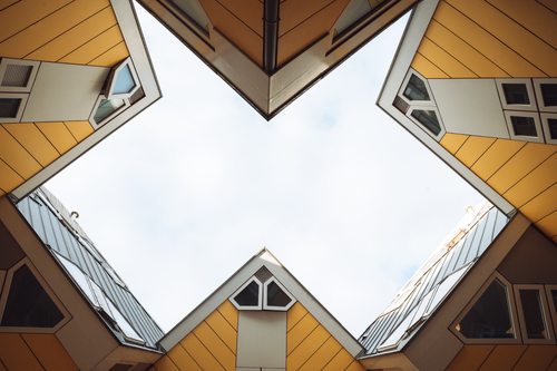 Free Explore the unique and modern design of Rotterdam's iconic Cube Houses in this striking image. Stock Photo