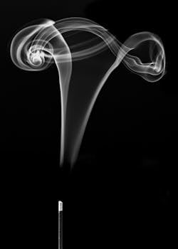 Black and white photo of swirling incense stick smoke creating an artistic pattern.
