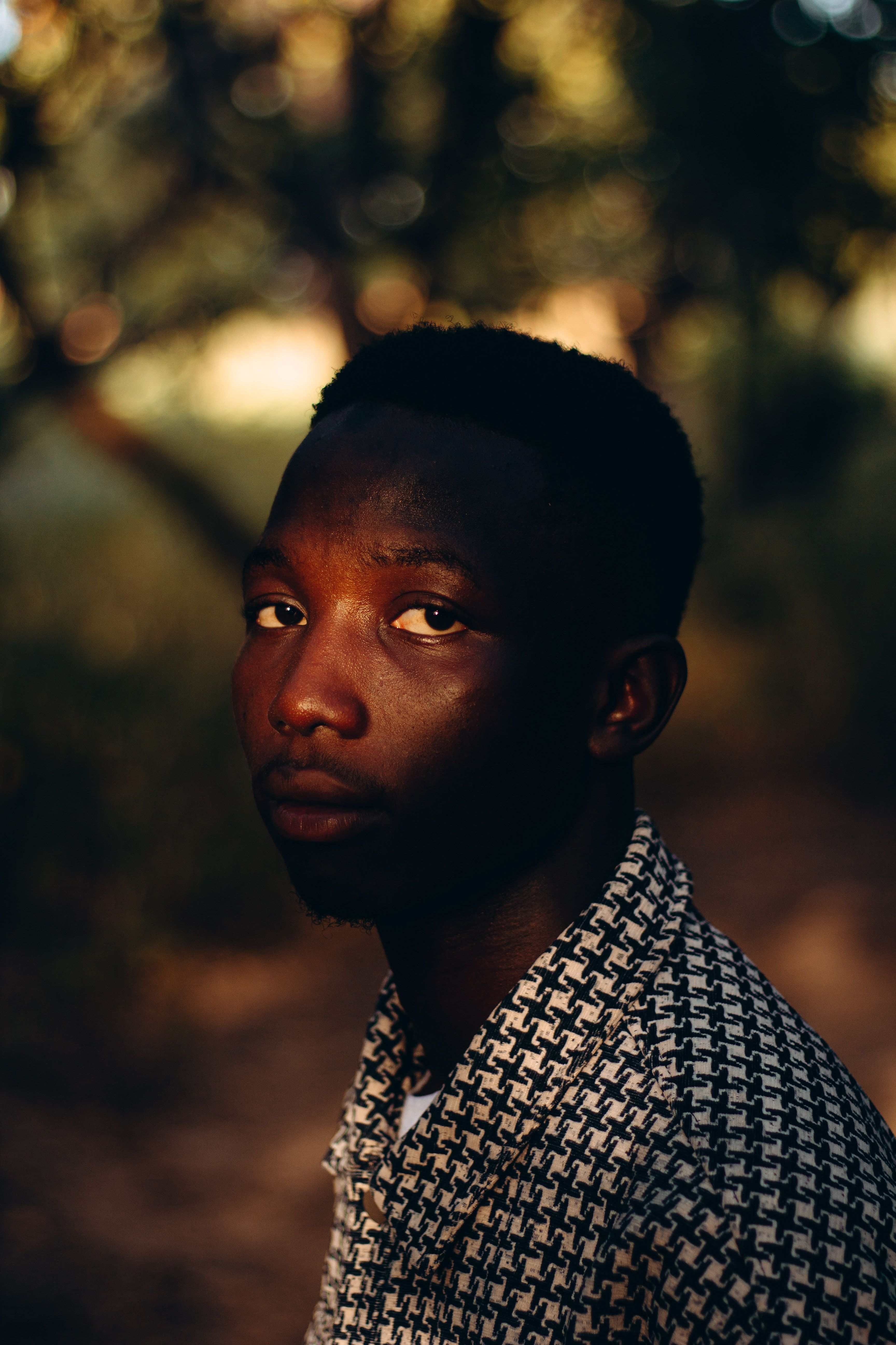 Dramatic portrait of a young man in soft evening light with a natural background.