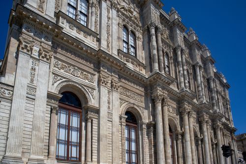 Free Intricate architectural details of Dolmabahçe Palace facade in bright sunlight, Istanbul. Stock Photo