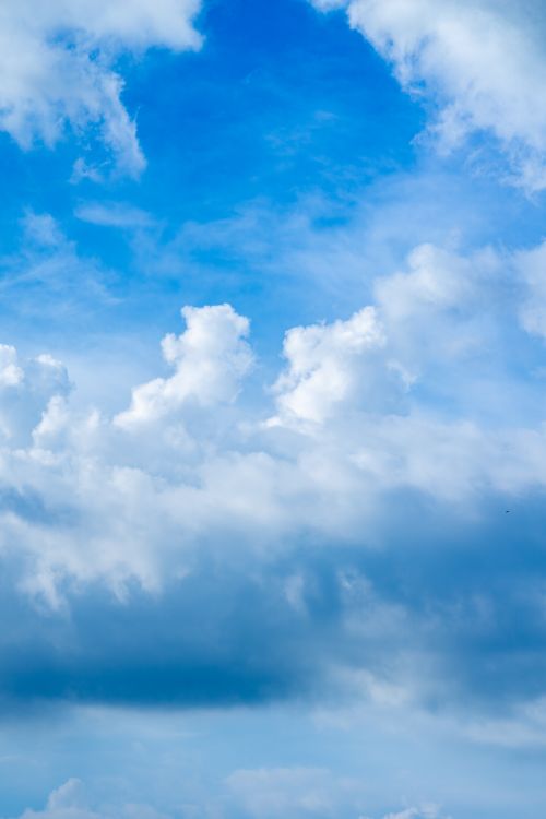 Free Stunning view of a vibrant sky filled with billowing white clouds against a vivid blue backdrop. Stock Photo