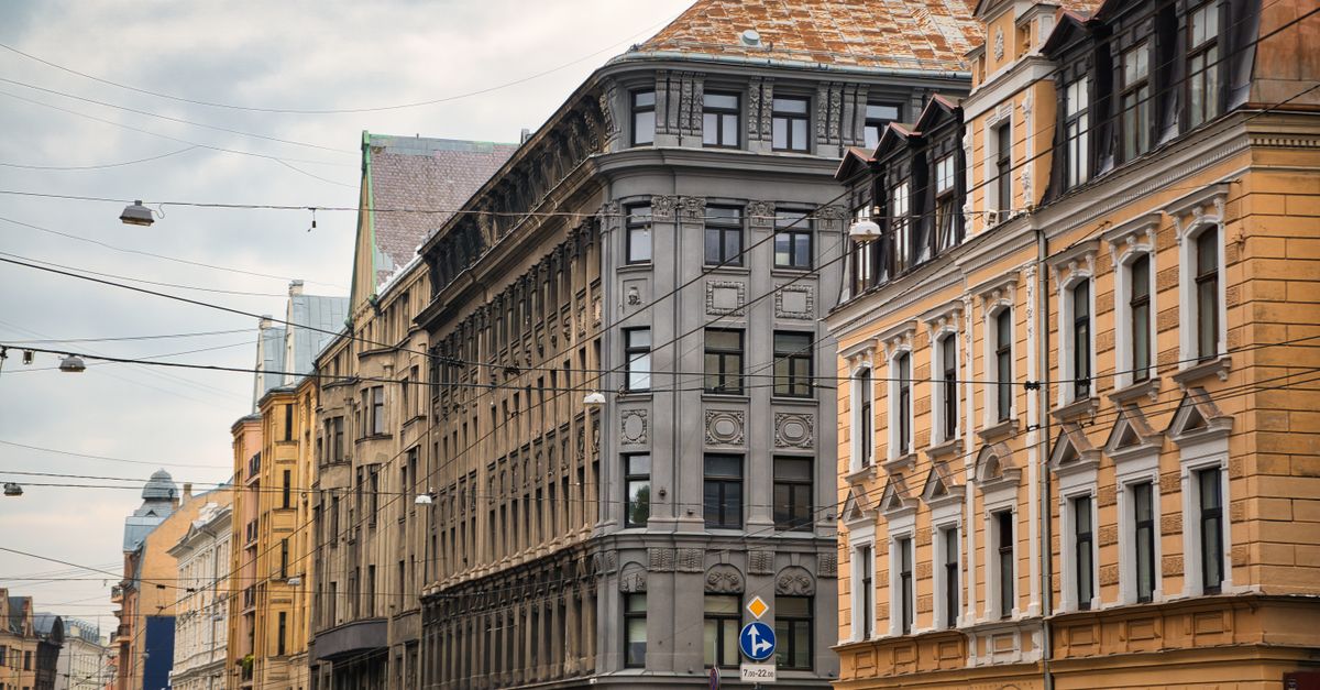 View of historic buildings and city architecture in Riga, Latvia, displaying classic European design.