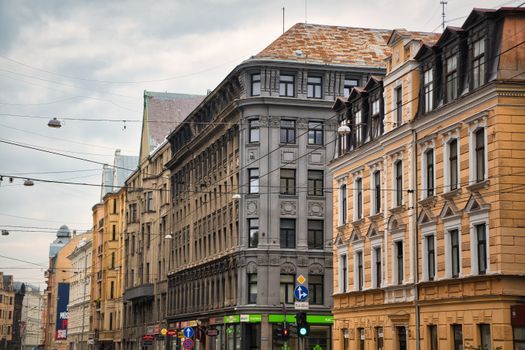 View of historic buildings and city architecture in Riga, Latvia, displaying classic European design.