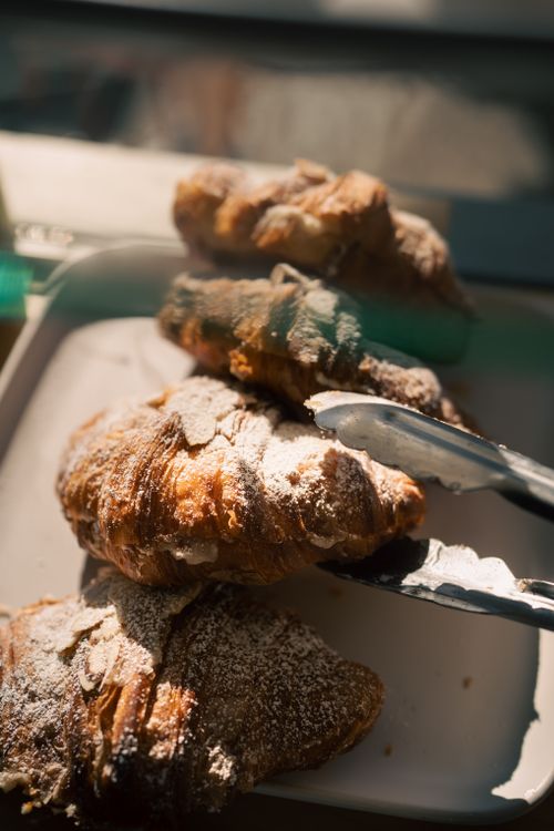 Free Delicious croissants dusted with powdered sugar in sunlight on a plate. Stock Photo