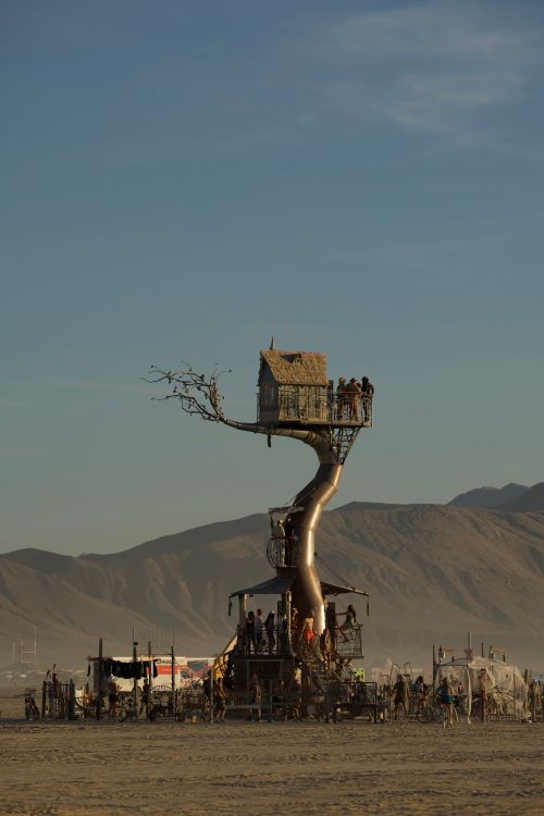 Free Artistic treehouse sculpture at desert festival during the day. Stock Photo