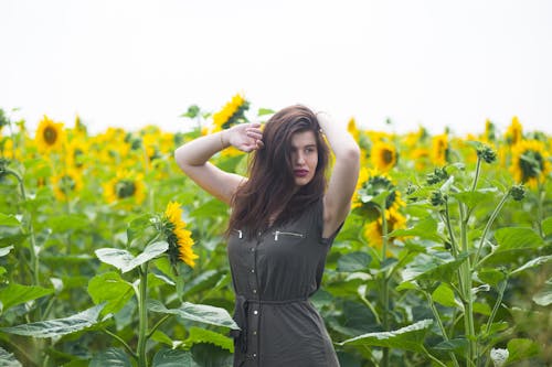 Content young female with long dark hair in dress relaxing in beautiful sunflower field on sunny day