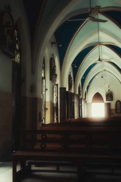 Free A serene view of a church interior with arched ceilings in Sindh, Pakistan. Stock Photo