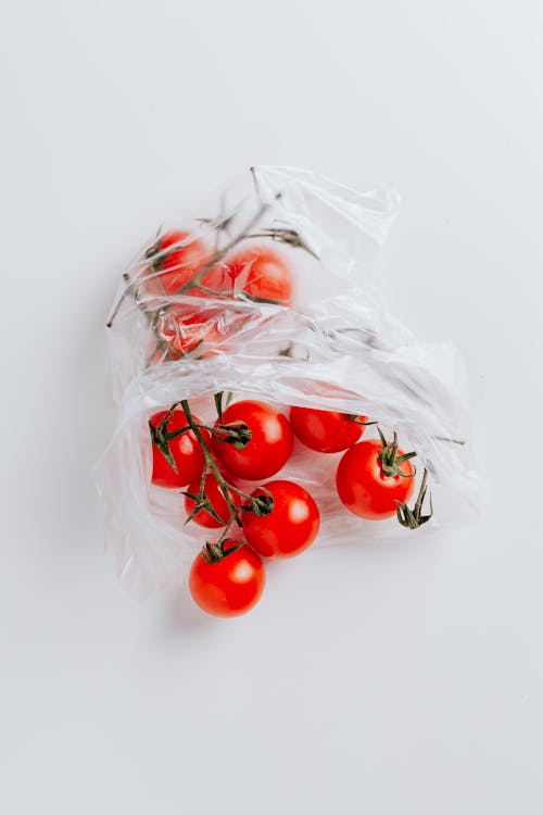 Top view of fresh red cherry tomatoes placed in transparent polyethylene bag isolated on white background
