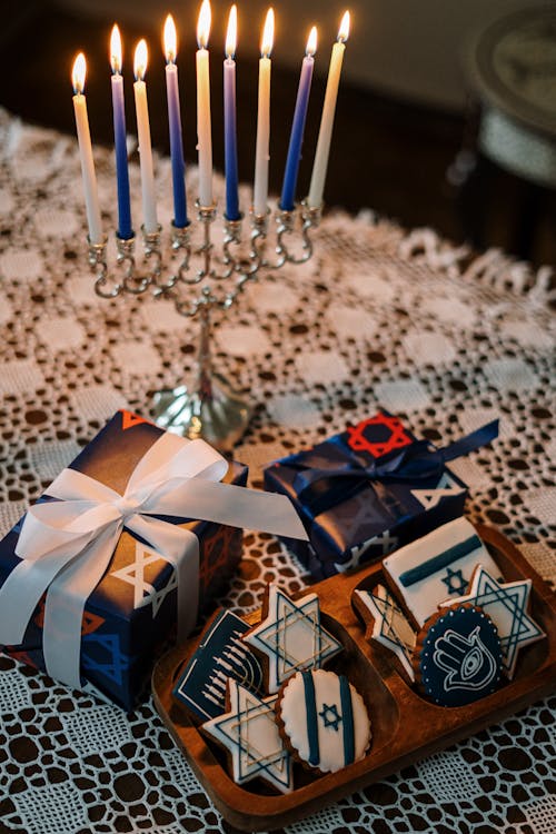 Free Gifts and Cookies for Hanukkah Stock Photo