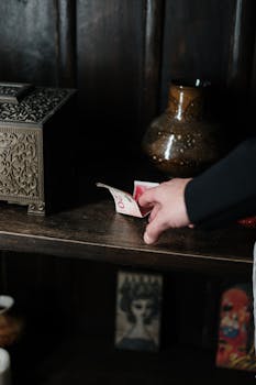 A hand reaches for a 20 Israeli shekel note on a wooden shelf, next to an ornate box.