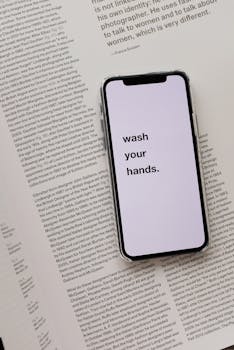 Mobile phone displaying 'wash your hands' message placed on an open book, promoting hygiene.