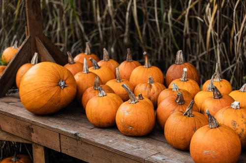 Free A collection of orange pumpkins arranged on a wooden table, perfect for autumn decor and seasonal celebrations. Stock Photo