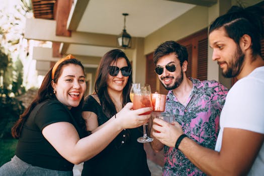 Happy group of friends enjoying a toast with drinks outdoors on a sunny day.