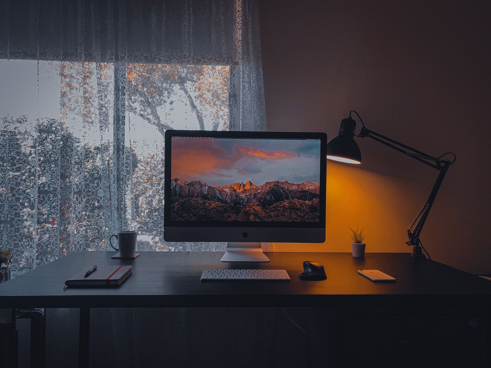 Stylish home office with a computer setup, desk lamp, and plant, ideal for remote work.