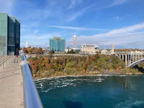 A scenic view from the Niagara Falls Observation Tower overlooking the river and cityscape.
