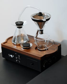 Stylish coffee brewing set with glass and wood accents, ideal for modern kitchens.