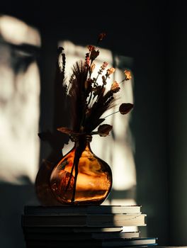 Beautiful arrangement of dried flowers in an amber vase casting artistic shadows.