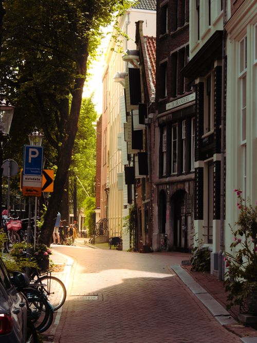 Free A picturesque cobblestone street in Amsterdam, lit by sunlight, capturing the essence of Dutch architecture. Stock Photo