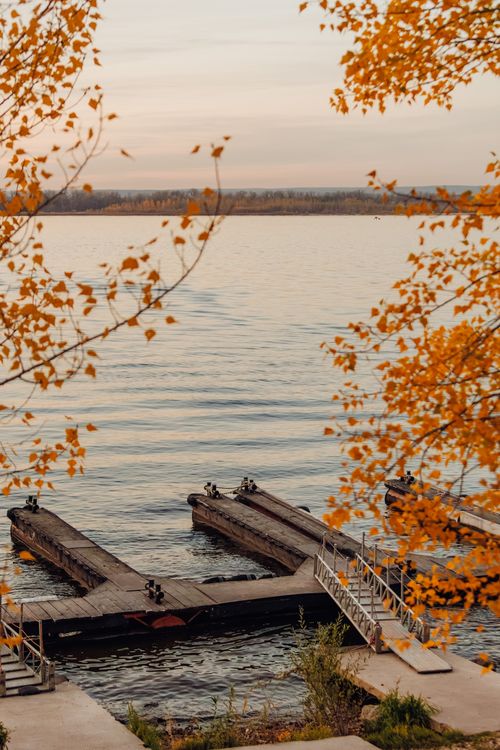 Free Autumn leaves frame a peaceful lake scene with a dock at sunrise. Stock Photo
