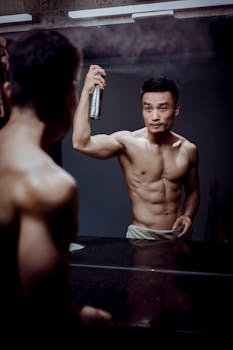 Muscular man holding a spray bottle in front of a mirror indoors.