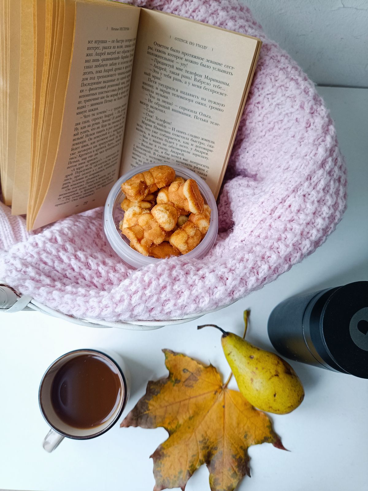 Enjoy a cozy autumn moment with a book, tea, and snacks on a soft knit blanket. Stock Photo.