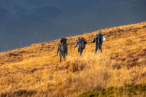 Free Three hikers traverse vibrant autumn trails in the Shar Mountains, North Macedonia. Stock Photo