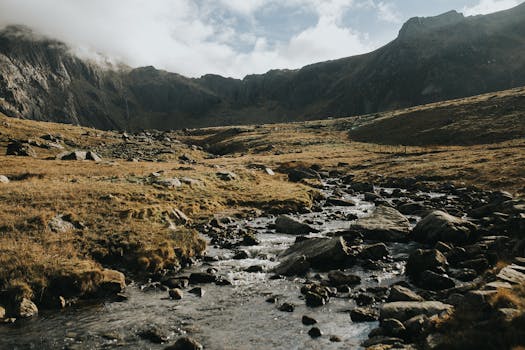 Peaceful mountain stream flowing through a rocky valley under a cloudy sky.