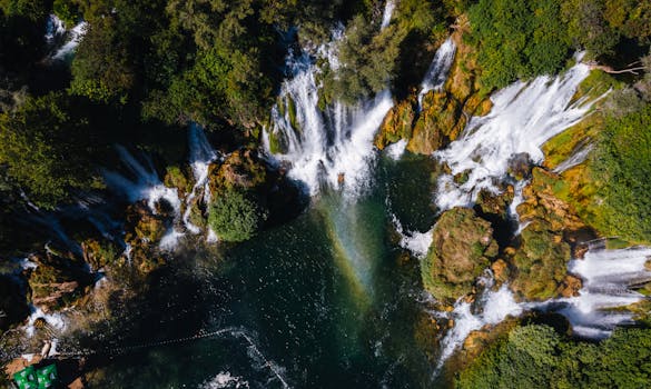 Stunning aerial shot of Kravice Waterfalls surrounded by lush greenery in Bosnia and Herzegovina.