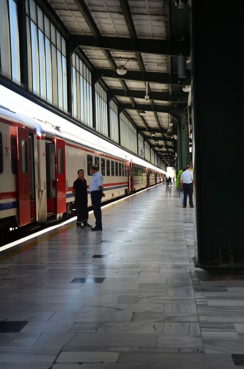 Free Wide-angle view of a busy train station platform with people and trains during the day. Stock Photo